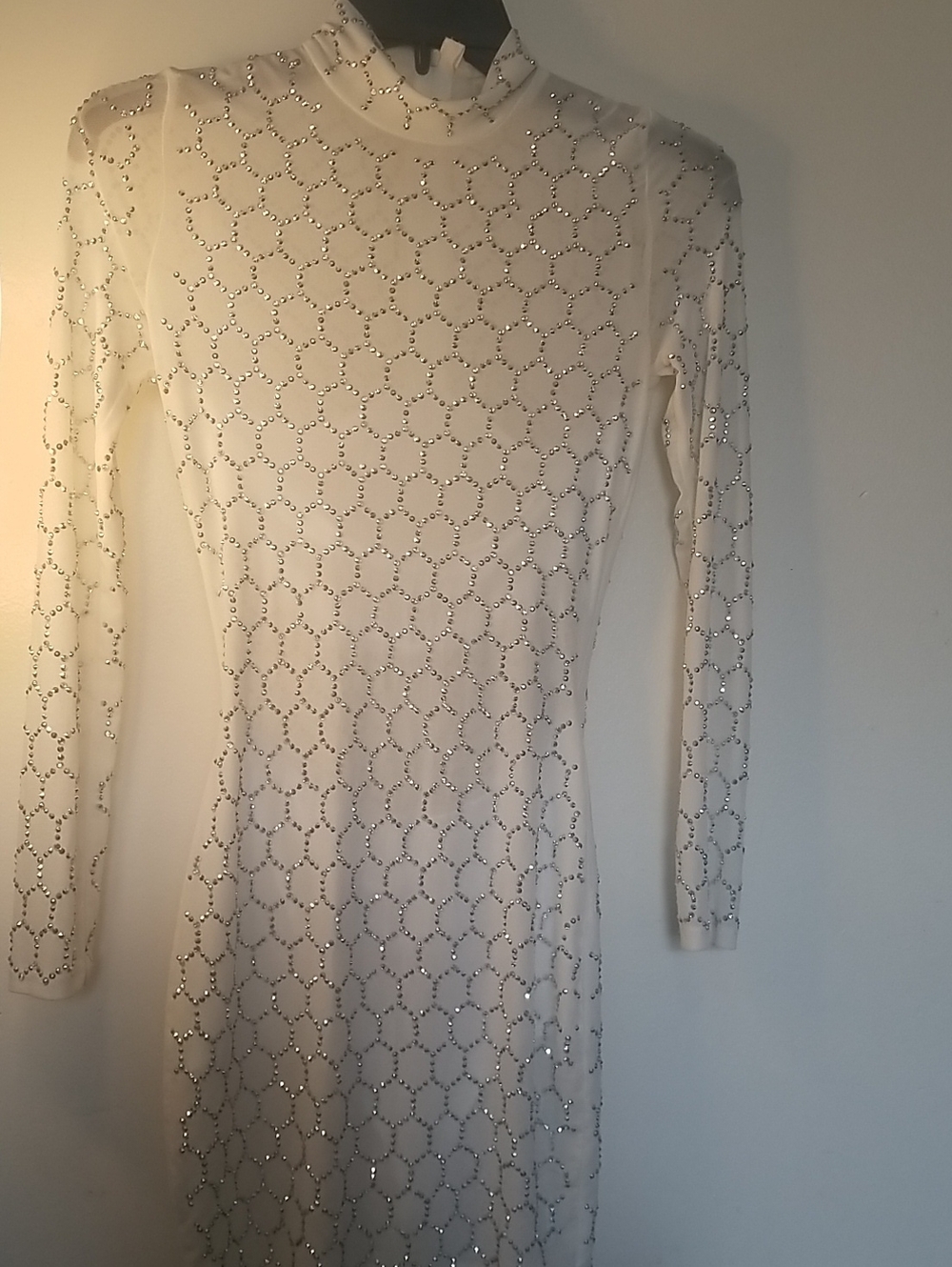 Banjul Cream Long Sleeve Crystal-Studded Bodycon Dress